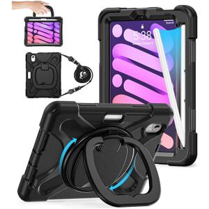 BATYUE Case for iPad mini 7 A17 Pro 2024/iPad Mini 6 2021 8.3 Inch with Pencil Holder, 360 Rotating Stand, Shoulder Strap, Handle Grip, Shockproof Rugged Case for iPad mini 7th/6th Gen, Black