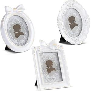 Vicenpal 3 Pcs Tiny Picture Ornate Frames 2.5 x 3.5 Inch Small Vintage Oval Picture Frames Gold Vintage Baroque Ornate Antique Resin Frame Table Top Display Frame for Home Wedding Decor (White)