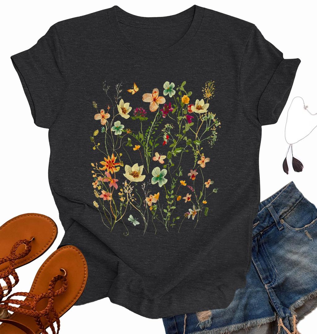 OCURHU Womens Boho Shirts Retro Floral Tshirt Cute Daisy Graphic Short Sleeve Tee Navy Blue 2XL