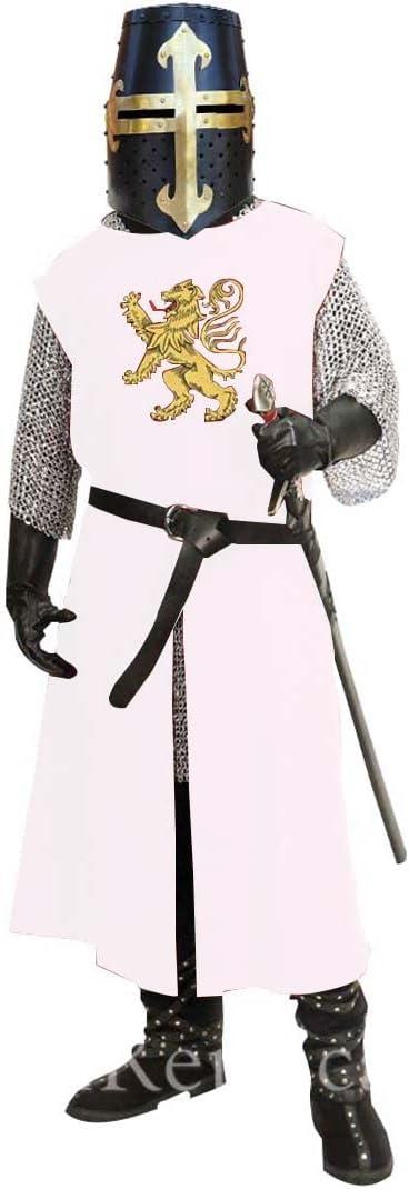 H H C Medieval Knight Tunic Cosplay Mens Surcoat Rampant Lion Embroidery Sleeveless Tunic Larp Costume (White, XXL)