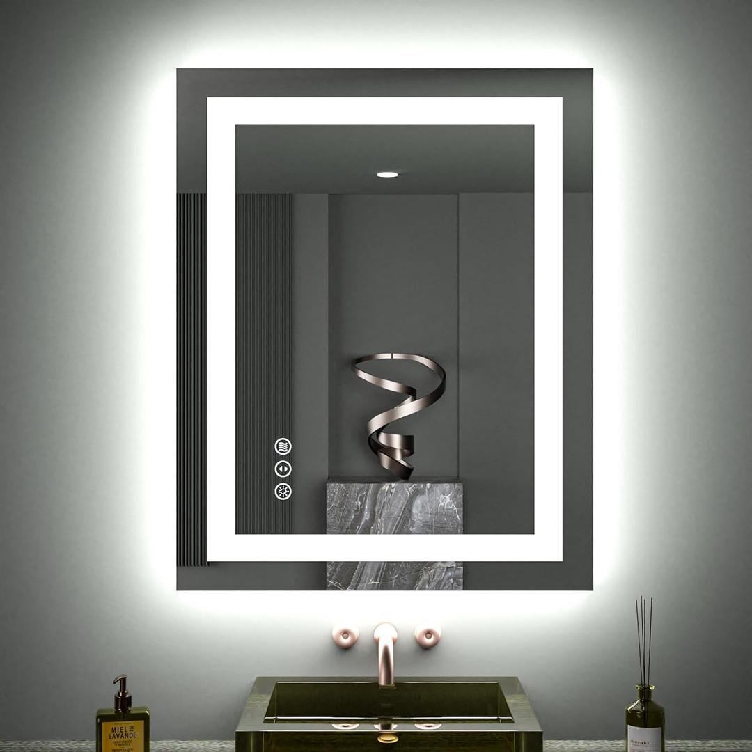 LOAAO 28"X32" LED Bathroom Mirror with Lights, Anti-Fog, Dimmable, Backlit + Front Lit, Lighted Bathroom Vanity Mirror for Wall, Memory Function, Tempered Glass, ETL Listed