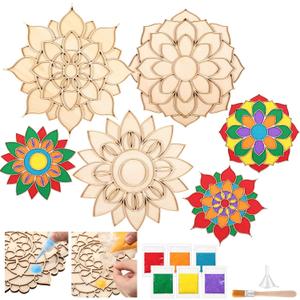 3 Pcs 9 Inch Diwali Mandala Sand Art Set Reusable Rangoli Mats with Colored Sands Wooden DIY Floral Indian Rangoli Stencils Decorative Plates DIY Crafts for Traditional (Exquisite)