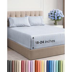 Extra Deep Twin Sheet Set - 4 Piece Breathable and Cooling Sheets - Hotel Luxury Bedding for Women, Men, Kids & Teens - Easy & Secure Fit - Soft and Wrinkle Free - Extra Deep Pockets - Blue Stripes