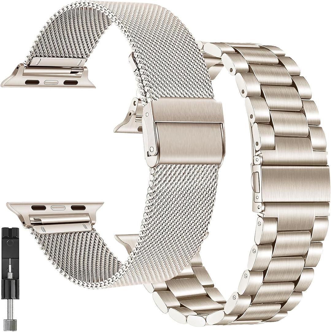 2 Pack for Apple Watch SE 3,2nd Gen Bands for Women Men,Starlight Metal Strap for Apple Watch Series 11,10 42mm,Mesh Stainless Steel Replacement for iWatch 9,8,7,6,5,4,3,2,1,SE,2nd,38mm,40mm,41mm