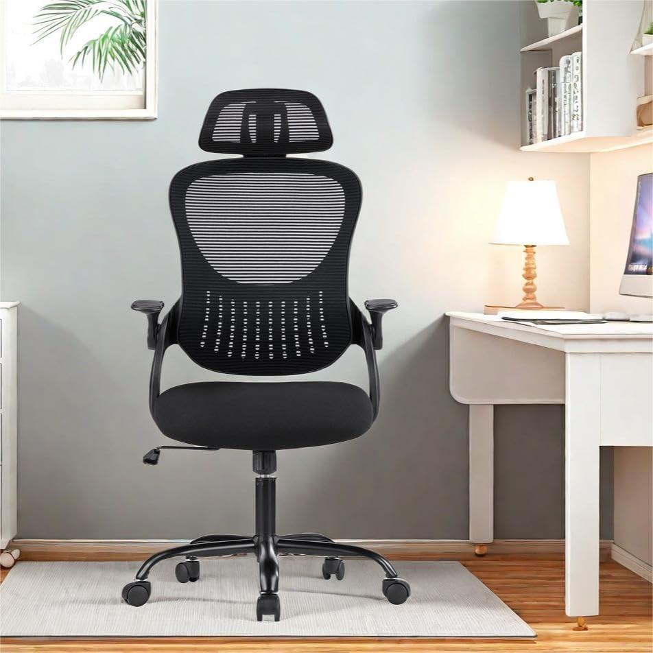 Ergonomic Office Chair W/Back Support, Mesh High Back Big and Tall Desk Chair with Adjustable Headrest & Flip-Up Arms, Comfy Rolling Swivel Computer Task Chair with Wheels, Black