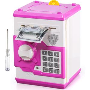ATM Piggy Bank for Boys Girls, Vcertcpl Mini ATM Coin Bank Money Saving Box with Password, Kids Safe Money Jar for Adults with Auto Grab Bill Slot, Great Gift Toy Bank for Kids (Purple White)