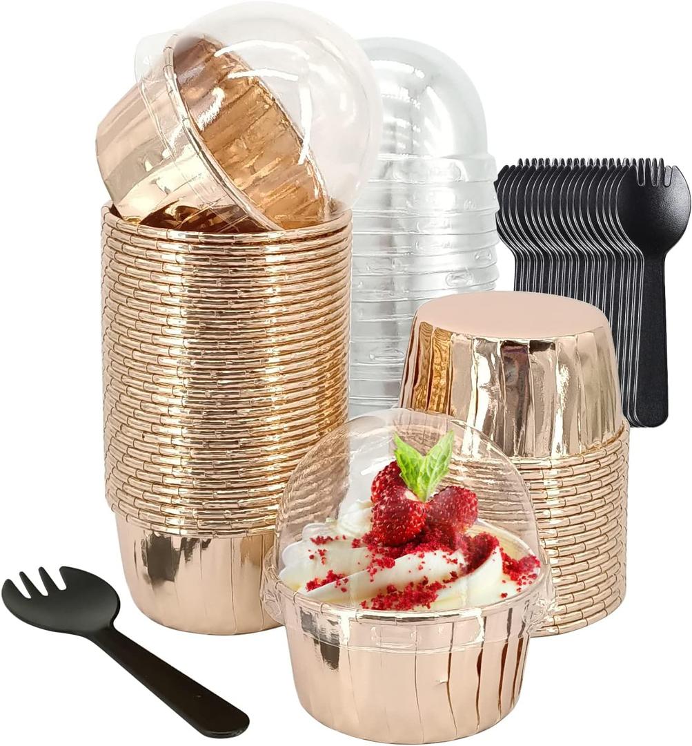 5oz Baking Cups with Lids 50 Pack,LNYZQUS Foil Cupcake Liners Muffin Tins,Disposable Ramekins Pans Muffin Cups Jumbo Cupcake Wrappers Holders for Wedding Party-Champagne