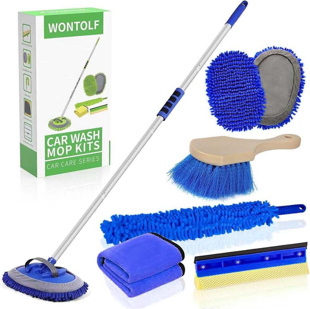 Wontolf 62'' Car Wash Brush With Long Handle - Chenille Microfiber Mop Mitt, Cleaning Kit, Windshield Window Squeegee, Duster, Microfiber Towels, Wheel Tire Brush for Cars, RV, Truck, Boat