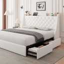 Feonase Upholstered Queen Size Bed Frame with 4 Storage Drawers, Charging Station, Tufted Wingback Storage Headboard, No Box Spring Needed, Easy Assembly, White