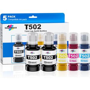 T502 Ink Refill Bottles (NotSublimation Ink) for Eco Tank ET-3760 ET-2850 ET-3850 ET-2760 ET-15000 ET-4850 ET-4760 ET-2750 ET-3750 ET-3830 Printers, Compatible Replacement for Epson T502 (5 Packs)
