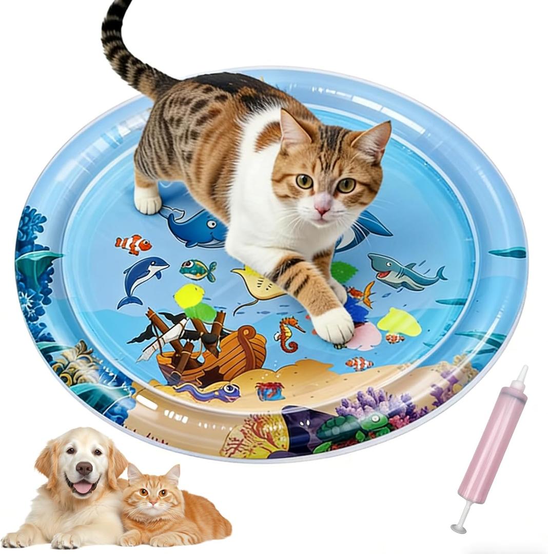 Water Sensory Play Mat for Cat Dog, 2026 Inflatable Pet Cooling Water Pad, Summer Water-Fillable Sensory Mat, Upgraded with 50% Extra Thickness Large 100cm Diameter, with Air Pump (Light Blue)
