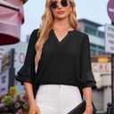 3/4 Sleeve Blouses for Women Dressy Casual V Neck Business Casual Tops for Women Fall Fashion 2025 Chiffon Blouses Work Professional Office Shirts Interview Tunic Teacher Clothing Flattering Large (L)