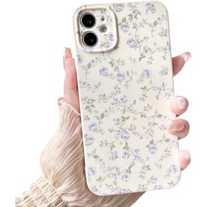 NITITOP Compatible with iPhone 12 Case Cute Flower for Women Girls Floral Rose Design Vintage Shockproof Soft Girly Slim TPU Fashion Protective Phone Cover - Purple