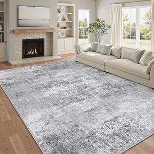Modern Abstract Gray Area Rug 8x10 Machine Washable Large Carpet Neutral Kitchen Indoor Accent Throw Low Pile Non Slip Distressed Living Dining Room Bedroom Office (8ft x 10ft(Rectangular), Abstract Grey)