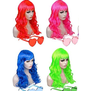 DIYI Long Colorful Wigs 6 Pack Wavy Party Wigs Curly Color Wigs for Women Bachelorette Party Decorations Supplies Favors – Extra 5 Pack Neon Party Glasses Add (Blue, White, Green, Red, , Pink)