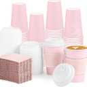 60 Pack Pink Coffee Cups with Lids Sleeves, 12oz Insulated To Go Paper Cups Pink Party Cups Disposable Easter Paper Cups, Drinking Cups for Mother's Day Wedding Birthday Baby Shower Party Supplies