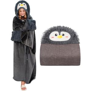 Wearable Hooded Blanket for Adults Fluffy Soft Warm Cozy Plush Flannel Throw & Sherpa Hoodie Cloak Wrap Gift for Adult (Penguin)