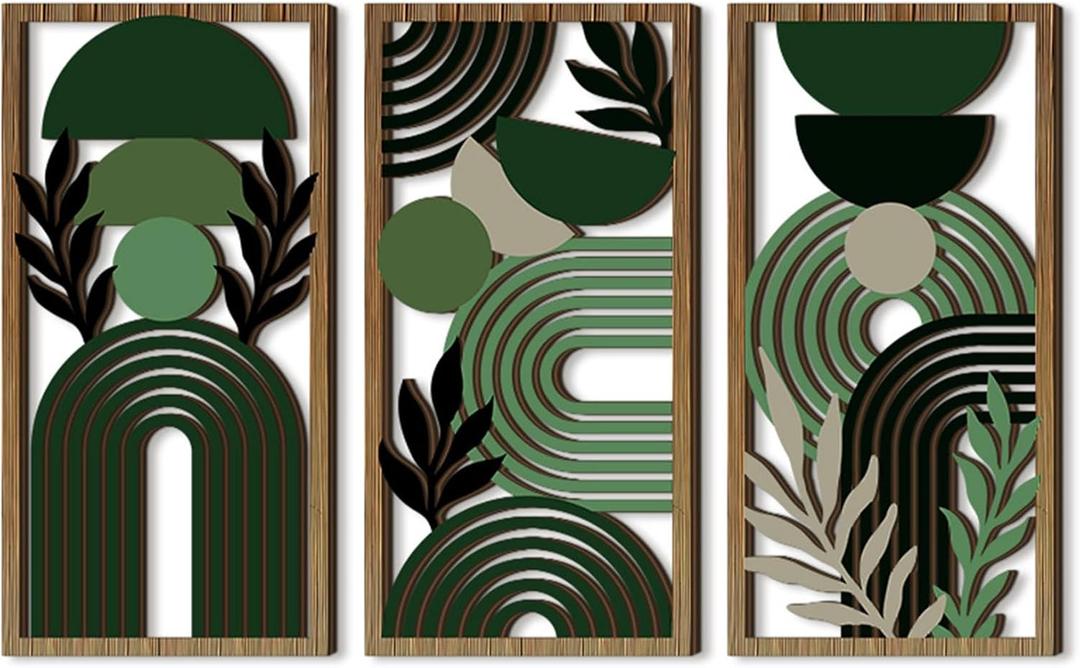 LB Modern Geometric Wall Art Set of 3, Boho Abstract Mid Century Wall Decor Wooden Framed, Green Striped Black Leaf Hanging Decoration for Living Room Bedroom Home Office, 11.8 x 5.9 inches