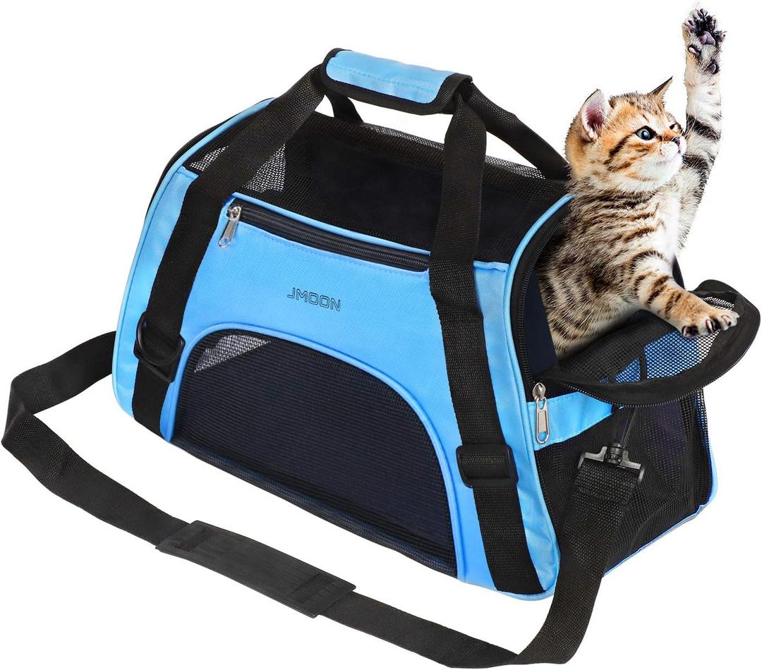 JMOON Soft-Sided Pet Carrier Bag - Airline Approved for Cats and Dogs - Foldable Comfort Travel Carrier (17.5"L x 7.0"W x 11.0"H, Blue)
