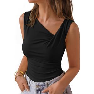 ZESICA Womens Summer Sleeveless Tank Tops 2026 Asymmetrical Neck Ruched Slim Fit Shirts Fashion Going Out Clothes (Large, Black)