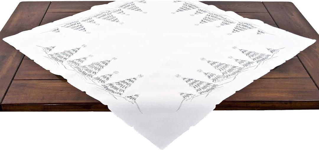 Linens, Art and Things Embroidered Christmas Holiday Snowy Silver Christmas Tree Scene on Ivory Square Table Topper, Small Tablecloth, Table Centerpiece (33 Inch Square)