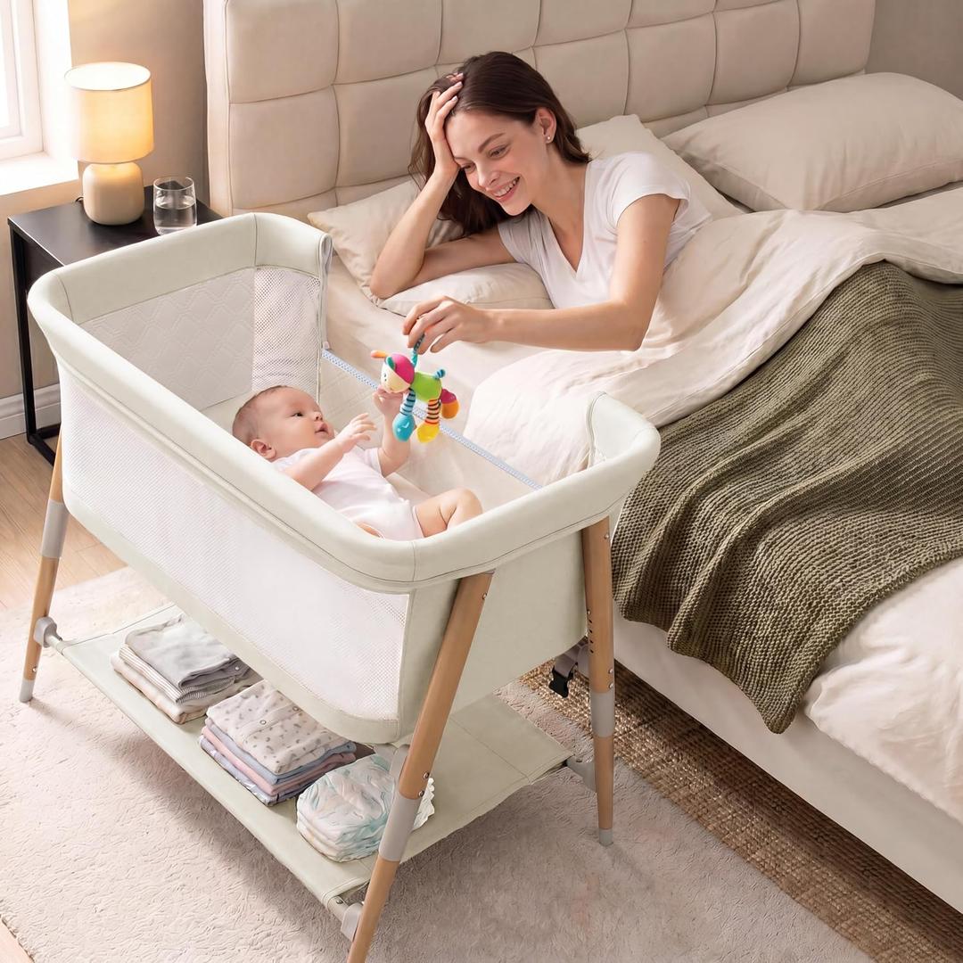 Baby Bassinet, 3 in 1 Bedside Bassinet Sleeper for Newborn, Portable Baby Crib with 4 Detachable Wheels & Adjustable Height, Breathable Mesh & Mattress, Mosquito Net& Storage Basket (White)