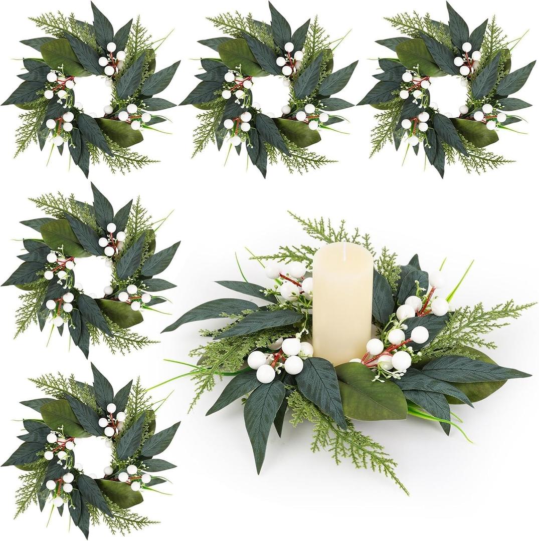 6 PCS 3 inch Summer Spring Candle Rings Wreaths Mini Green Candle Rings Wreath Artificial Wreath with Green Leaves and White Berries for Wedding Party All Seasons Table Farmhouse Home Decorations Green