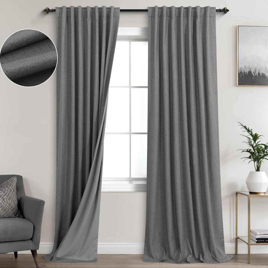 KOUFALL 52x100 Inches Long Grey Back Tab Linen Blackout Curtains for Living Room 2 Panel