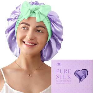 LitBear 100% Mulberry Silk Bonnet for Sleeping Women, 6A 22 Momme, Large Double-Layer Hair Wrap with Tie Band (Purple)