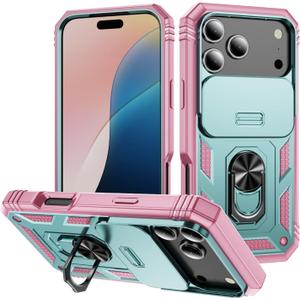 iPhone 17 Pro Max Case with All-Angle Rotating Kickstand & Sliding Camera Cover - Heavy Duty Shockproof Protective Cover, Green Pink