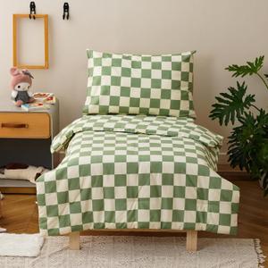 KAREVER Grid Toddler Bedding Set Green White Checkered 4 Pieces Crib Bed Set Kids Pliad Comforter Set