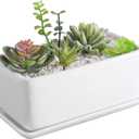MyGift 10 Inch Modern Unglazed White Ceramic Indoor Plant Pot with Drainage Hole, Rectangular Succulent Planter Window Box with Removable Saucer, 1 Pack