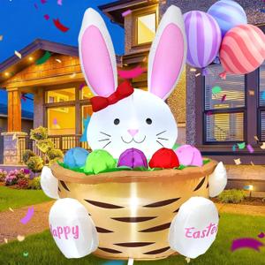HZGDEJTG 3.5FT Easter Outdoor Inflatable Decoration: Bunny on a Flower Basket, with Built-in LED Lights, Suitable for Lawns, Gardens, and Patios.