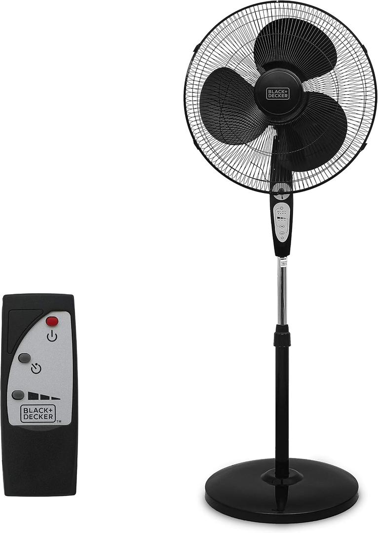 BLACK+DECKER 18-Inch Stand Fan with Pedestal Base, Height Adjustable Pedestal Fan with Remote and Touch Control Panel, Free Standing Fan with 90-Degree Oscillating and 3-Speed Settings, Black