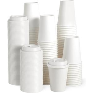 JOLLY PARTY [100 Pack] 12 oz Paper Coffee Cups, Disposable Paper Coffee Cup with Lids, Hot/Cold Beverage Drinking Cup for Water, Juice or Tea, Suitable for Home, Shops and Cafes (White)