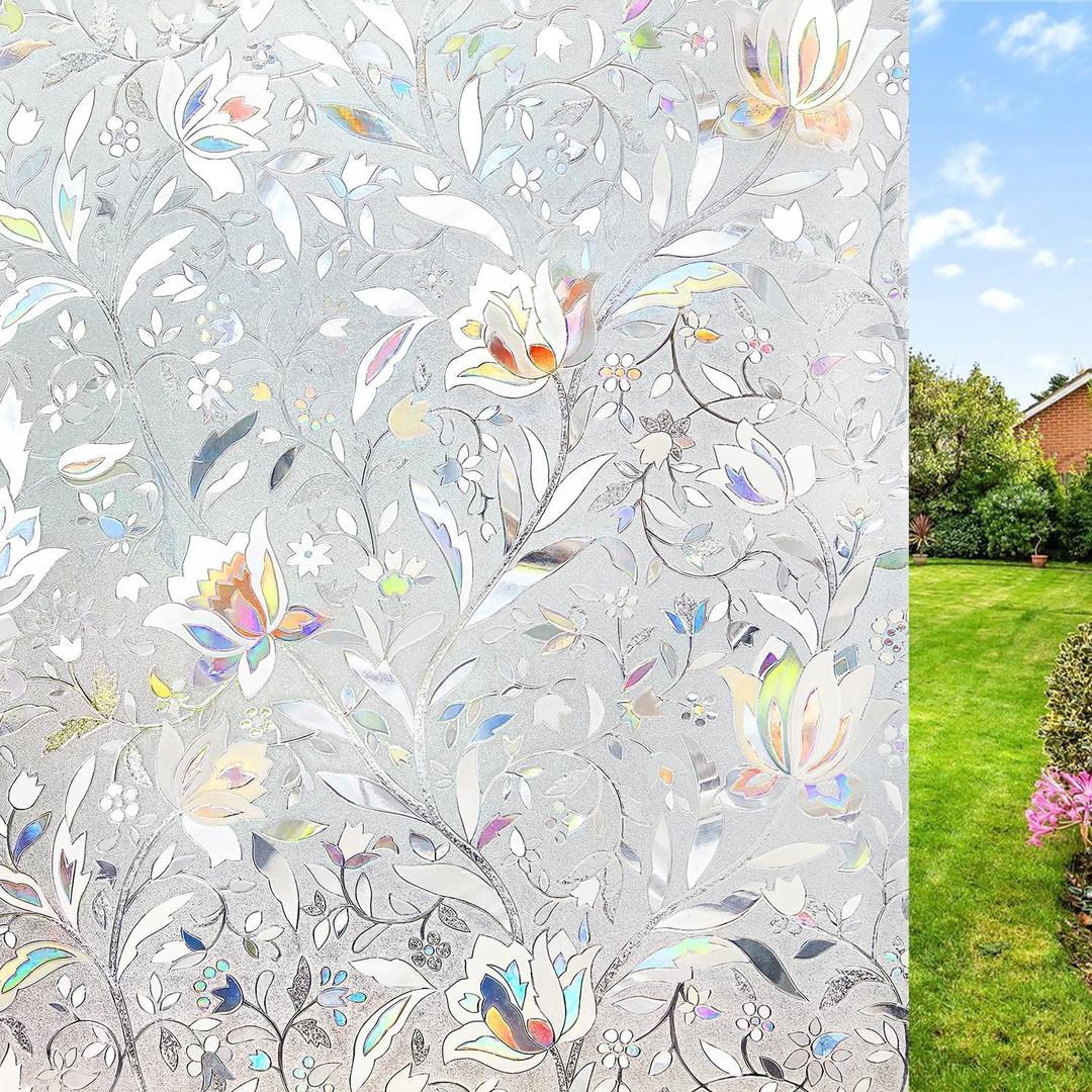 NINETREX Window Privacy Film,3D Stained Glass Window Film, Decorative Window Covering Sun Blocking Vinyl Static Cling Anti-UV Heat Control for Home Decor, Tulip 23.6 x 78.7inch