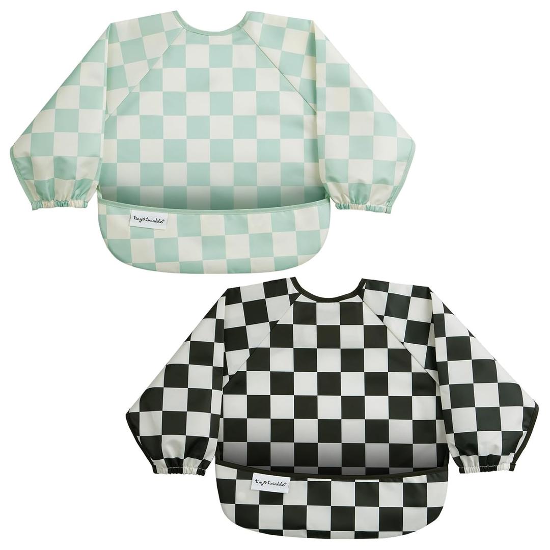 Tiny Twinkle Long Sleeve Bib for Babies & Toddlers | 2-Pack Waterproof Smock Bib for Eating | Machine Washable & Mess-Proof Feeding Essentials | Newborn Shower Gift (Black,Sage Checkers, 6-24M)
