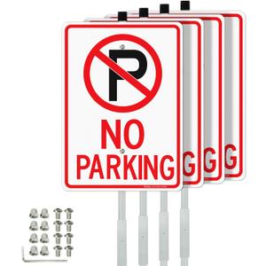 Faittoo No Parking Signs with 36" Stake for Outside, 4-Pack 14"x10" Rust Free Heavy Aluminum, Reflective, Fade Resistant, 2 pre-drilled holes, Includes Matching Screws & Wrench, Easy to Mount