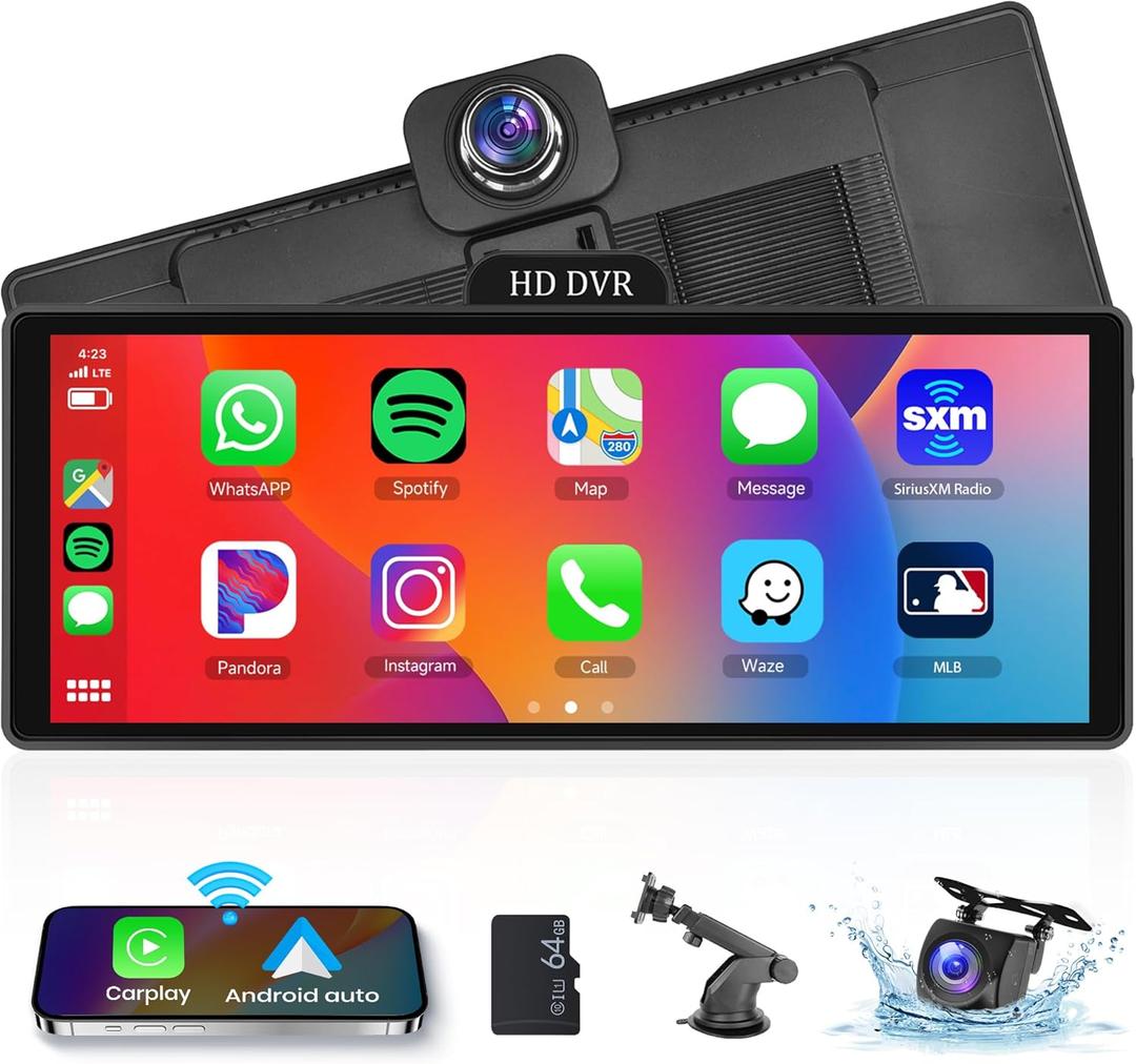 Portable Car Stereo with 4K Dash Cam Wireless CarPlay Android Auto Screen,10.26'' 1080P Car Play Screen with ADAS Rear Cam Bluetooth GPS Track Voice Control FM Transmitter 64G TF Card