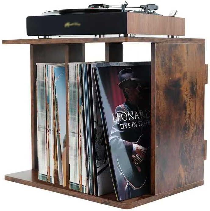 Vinyl Record Storage, Record Player Stand, Record Holder Wall Mount for 100 Albums, 3 Compartment Wooden Turntable stand for Magazine, Book, Albums