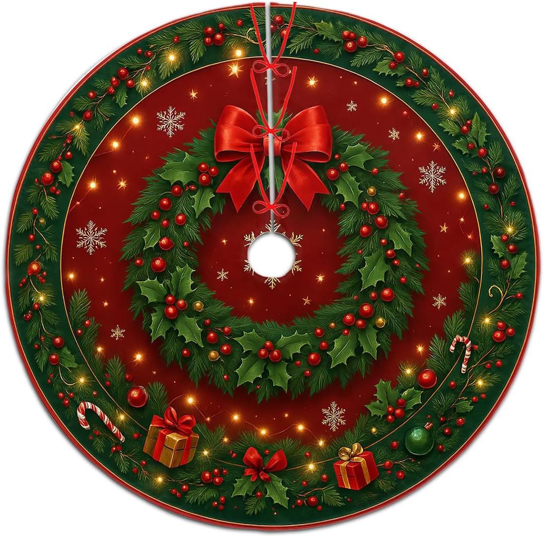 Christmas Tree Skirt 30 inch, Holly Bow Vintage Xmas Tree Skirt for Home Party Holiday Indoor Outdoor Decorations