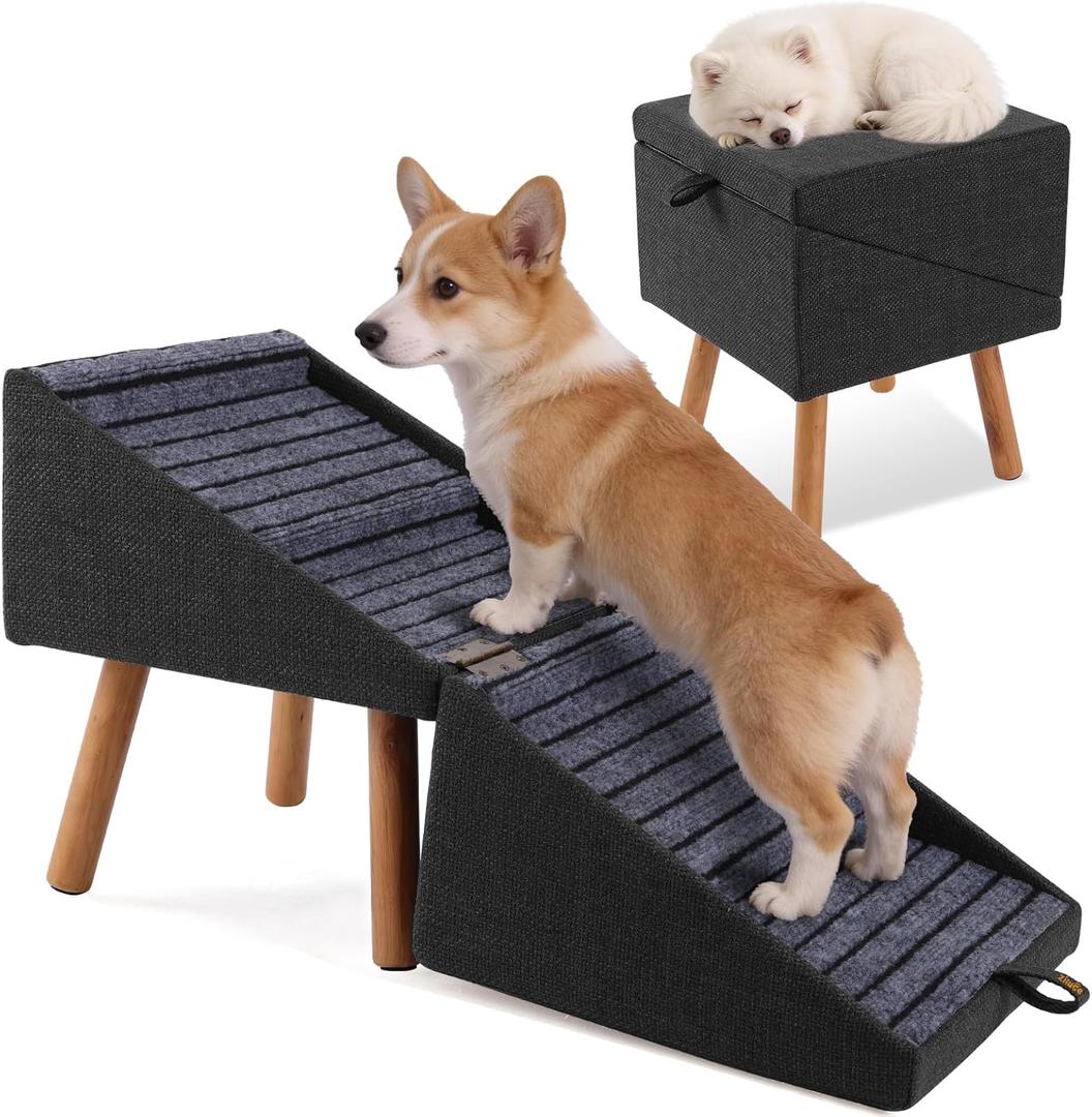 17.13" H Dog Stairs for Small Dogs, 2-in-1 Pet Steps & Ottoman - Foldable Dog Stairs for Couch, Non-Slip Wooden Pet Stairs for Puppy Senior Injured Dogs (Black)