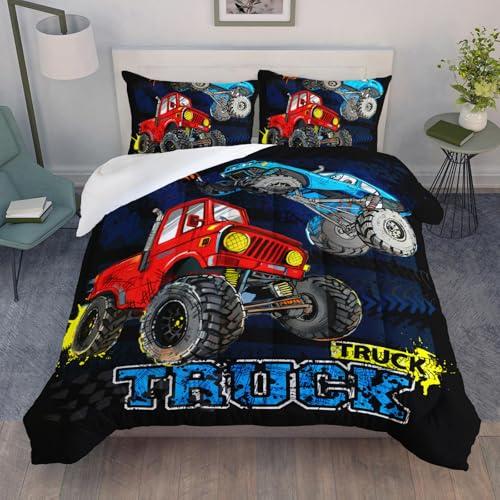 QOOMO Truck Comforter Set for Kids Teens Boys,Cars Kids Bedding,1 Comforter with 2 Pillowcase, Microfiber 3 Piece Bedding Set,Soft and Lightweight(Black，Twin Size)