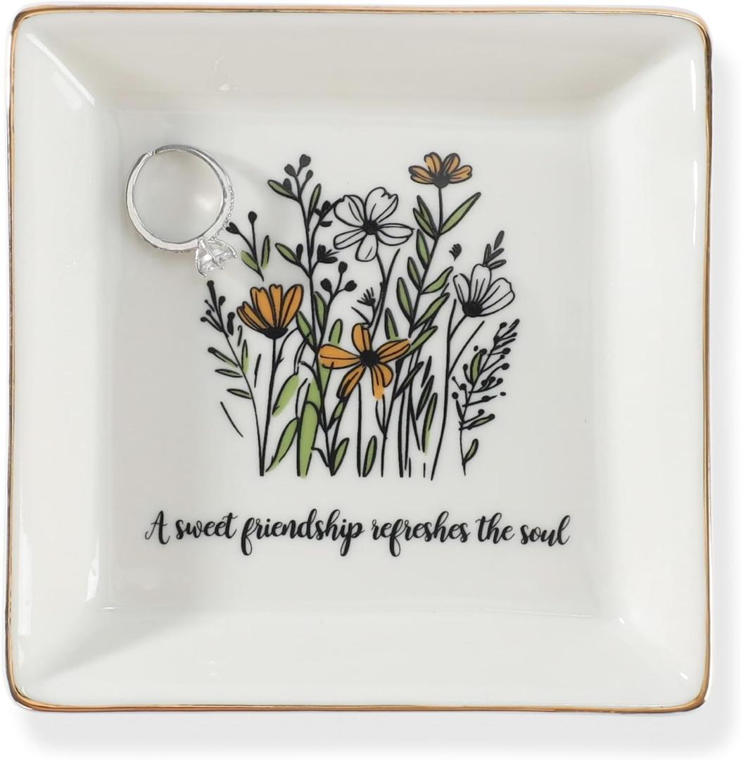 Friendship Christmas Gifts for Women Friends, Ring Trinket Dish, Jewelry Tray-A Sweet Friendship Refreshes the Soul, Ceramic White