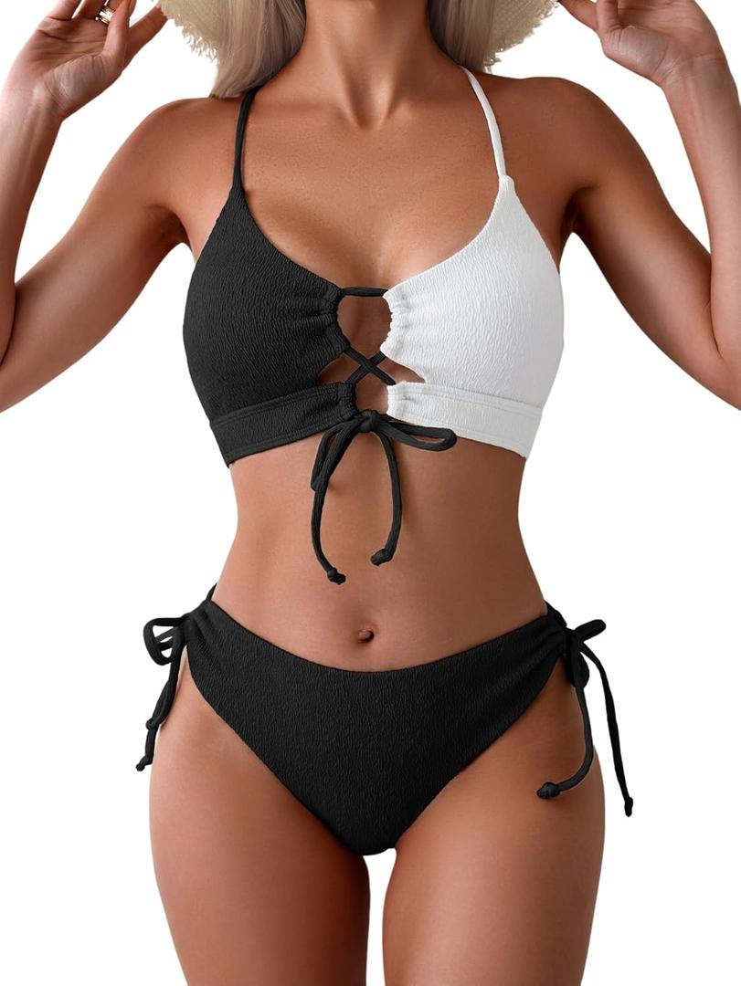 B2prity Women's Sexy Bikini Set Color Block Lace Up 2 Piece Bathing Suit Tie Side Swimsuit (Medium, Black White Block)