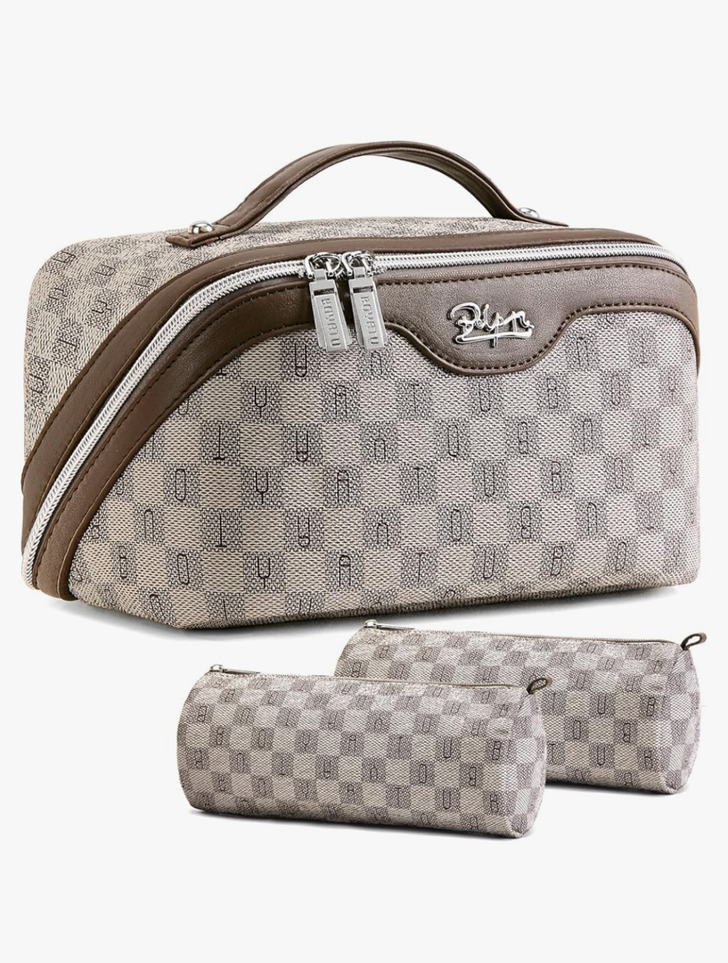 BOYATU Travel Makeup Bag Cosmetic Bags for Women: Large Make up Bags Set of 3 - Portable Makeup Organizer with Compartments&Handle&Divider - Waterproof PU Leather Toiletry Bag(C-1-Light Brown)