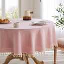 Linen Tablecloth with Tassels, Farmhouse Style Pink Tablecloth, Water Resistant Burlap Tablecloths for Round Table, 52 Inch Round Pink