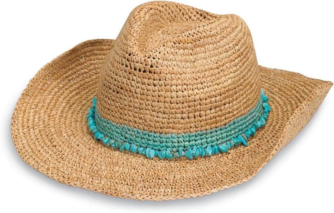 Wallaroo Hat Company Womens Tahiti Cowboy  Raffia Straw Sun Hat, Wide Brim, Western Style, Adjustable, Natural Fiber (Medium, Turquoise)