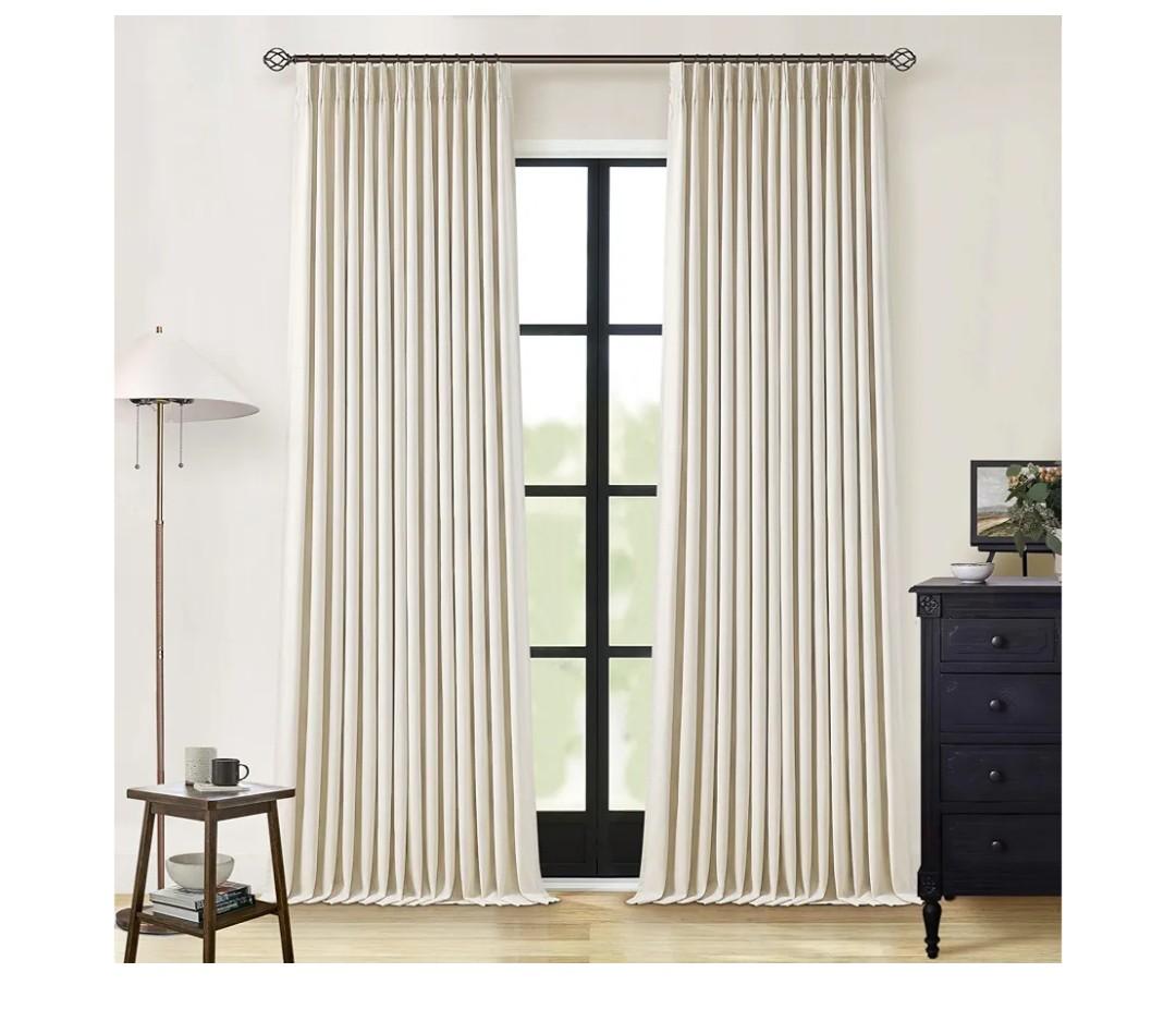 Cream Beige Linen Blackout Curtains Pinch Pleated 102 Inches Long for Bedroom Memory Shape Back Tab Flax Linen Curtains Blackout Farmhouse Full Light Blocking Thermal Insulated Drapes 2 Panels Set