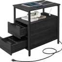 VASAGLE Side Table with Charging Station, Narrow End Table with 2 Drawers, Slim Nightstand and Bedside Table with Storage, for Small Spaces, Black ULET321B22